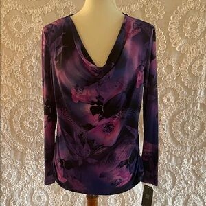 CLARA SUNWOO Purple and Black Floral Print Long Sleeve Top hanging neck line